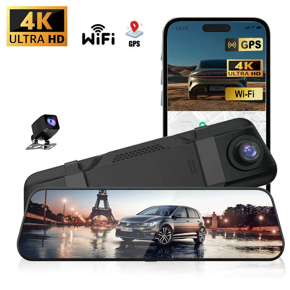 Dash Cam 4K + 1080P Rear View Mirror | GPS, WiFi, Parking Mode