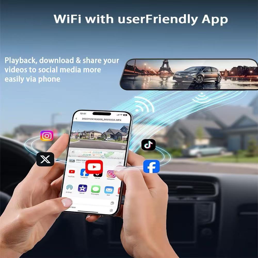 Dash Cam 4K + 1080P Rear View Mirror | GPS, WiFi, Parking Mode