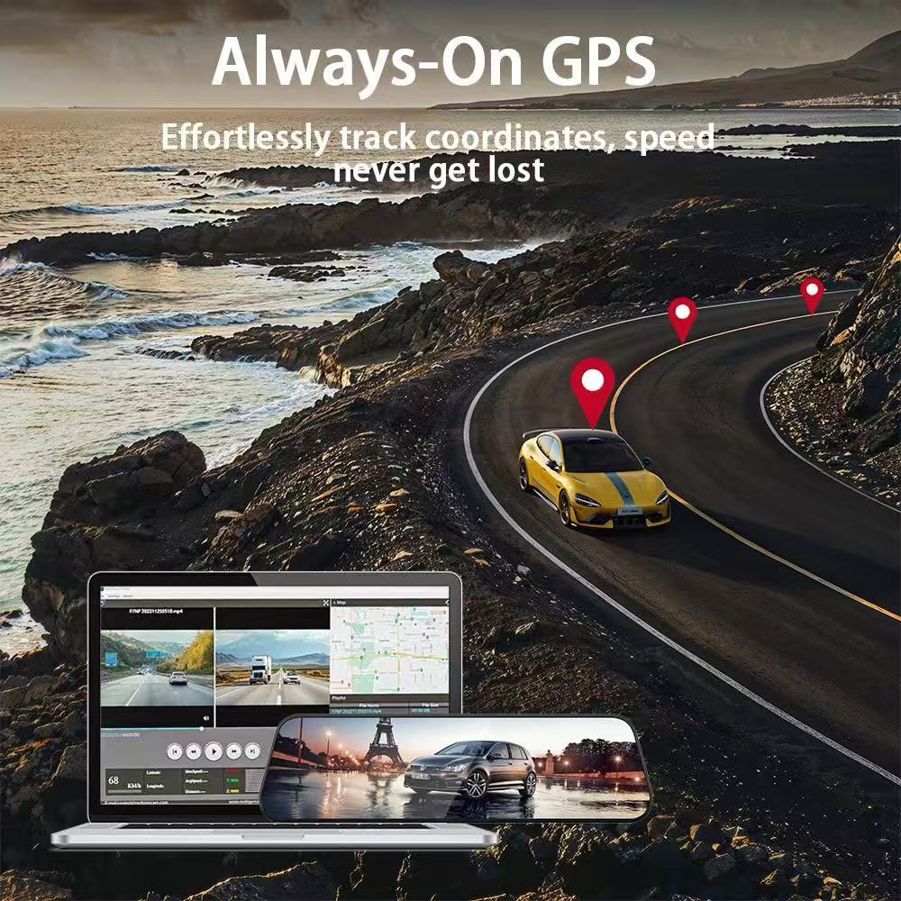 Dash Cam 4K + 1080P Rear View Mirror | GPS, WiFi, Parking Mode