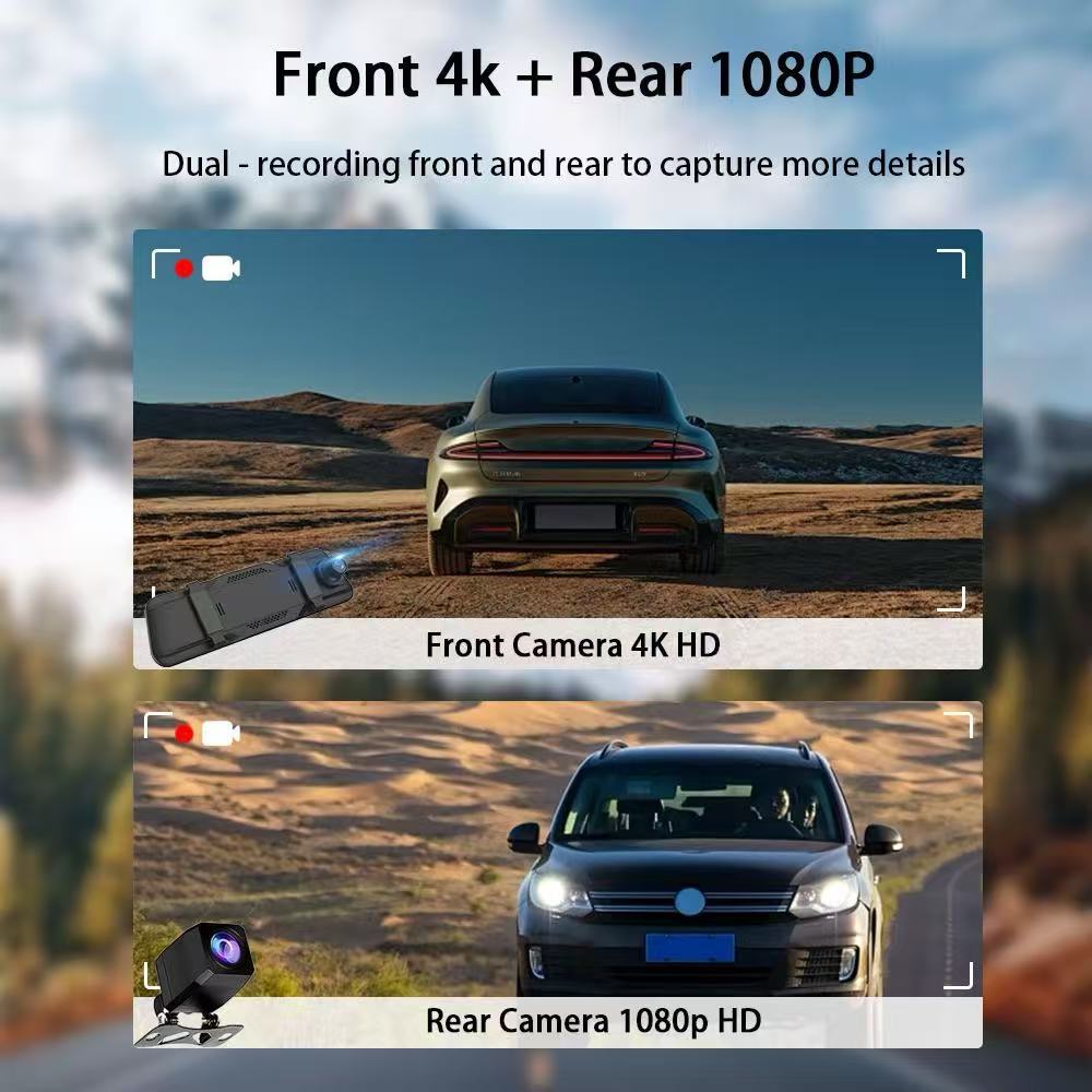 Dash Cam 4K + 1080P Rear View Mirror | GPS, WiFi, Parking Mode