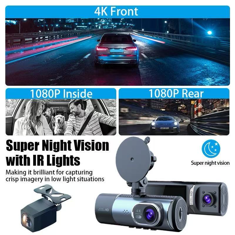Dash Cam 4K Front + 1080P Cabin + 1080P Rear | 3-Channel Car Camera with IR Night Vision